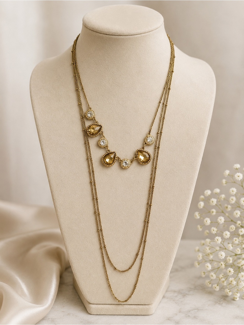 Gold Layered Teardrop and Crystal Pendant Necklace - Women Jewelry - Picture 1 of 5